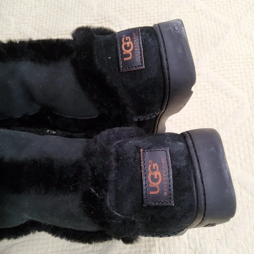UGG Katia Waterproof Tall Black Shearling Suede Boots Size 9